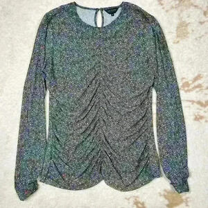 TED BAKER Savannn Floral Ruched Sheer Long Sleeve Top Blouse Black Women 4 Small